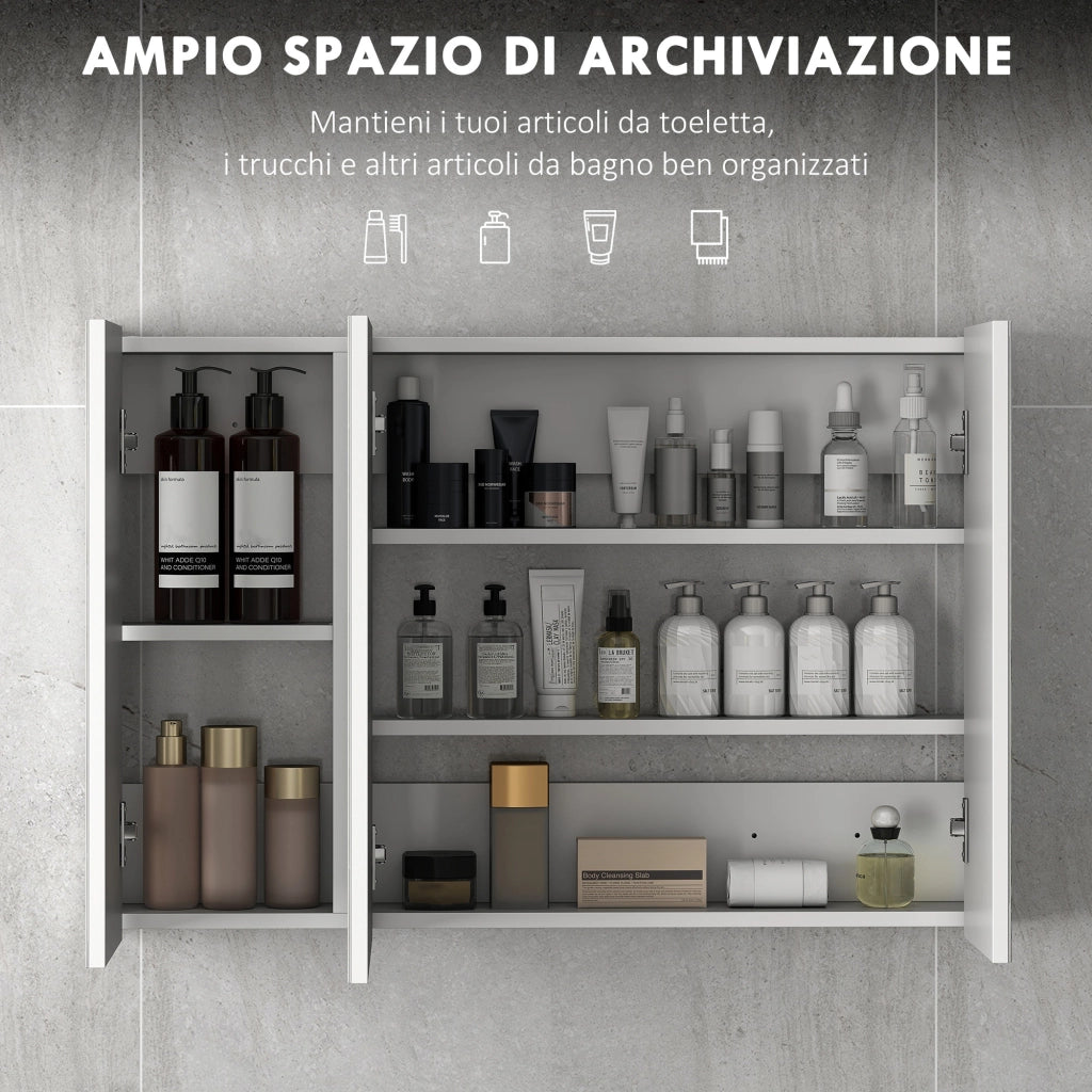 Armadietto Pensile Bagno 3 Ante Specchio Legno ¨C zephmum ¨C Bianco 90x13.5x60