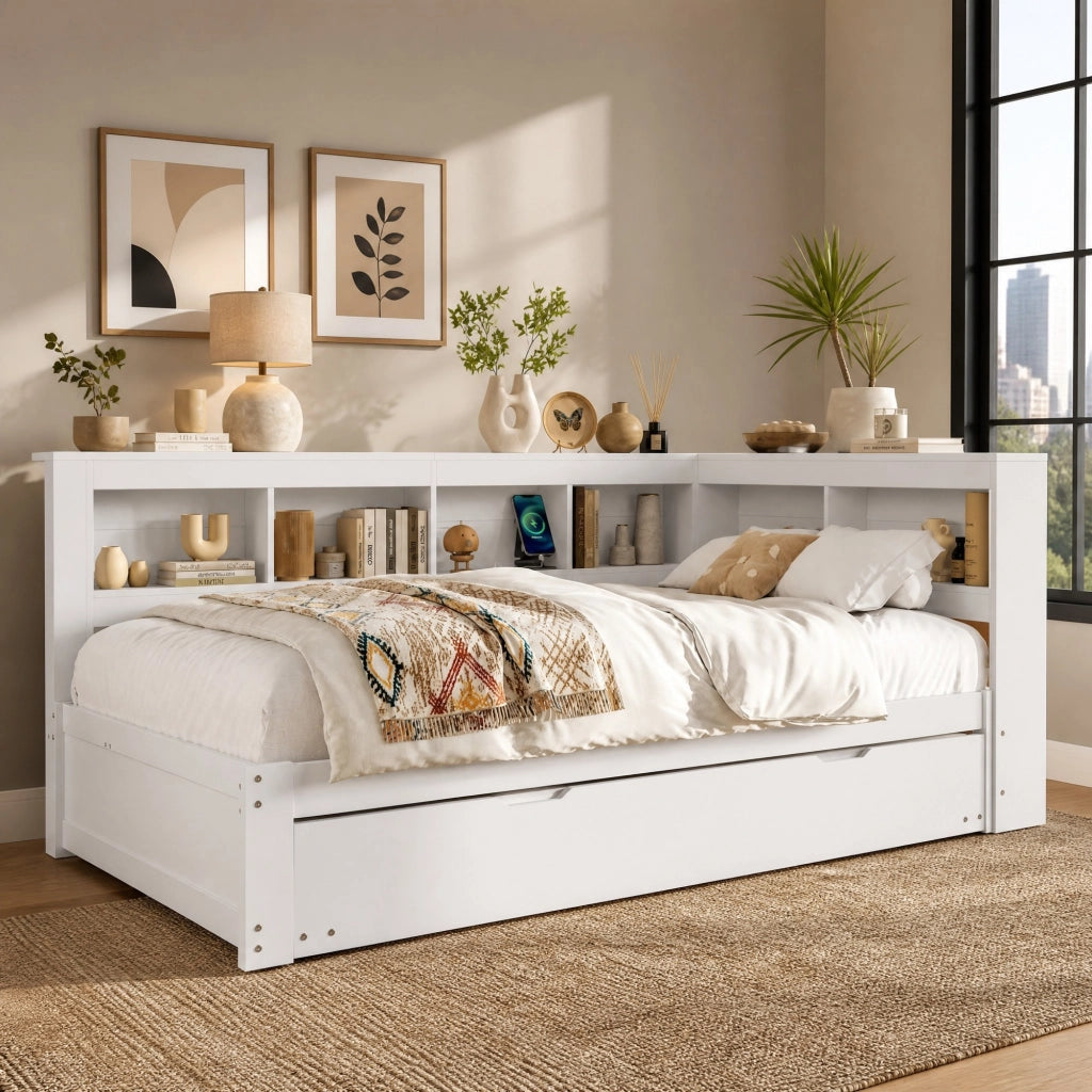 LETTO DIVANO estraibile 140x200 cm bianco con prese e 2 USB