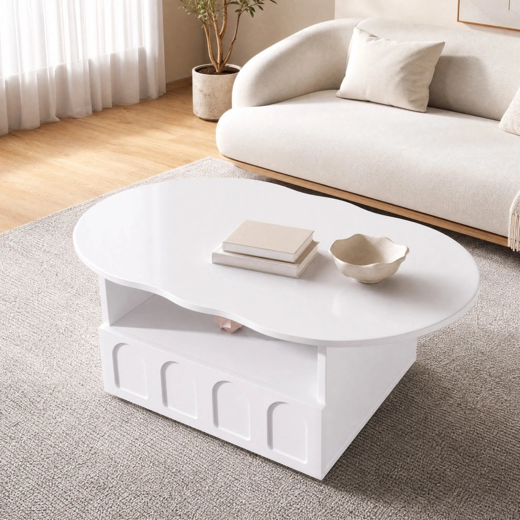 Tavolino da salotto a forma di nuvola 100x60x40;5 cm; in truciolare bianco con cassetto