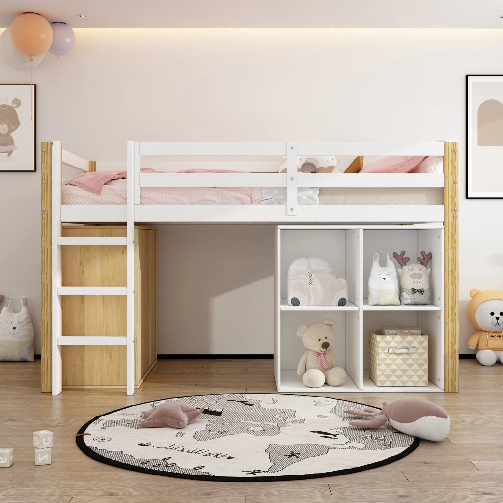 DESMIU Letto a Soppalco Singolo con 2 Armadi Contenitore e Scala, 90 × 200 cm, senza materasso, Naturale e Bianco