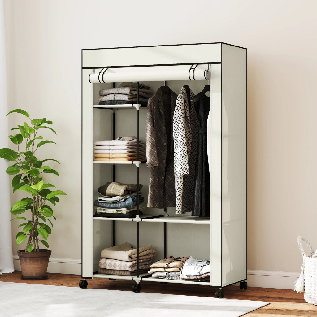 Armadio guardaroba in tessuto ¨C Xylo ¨C con ante, cassetti, ripiani e rotelle, 103x43x162,5cm crema