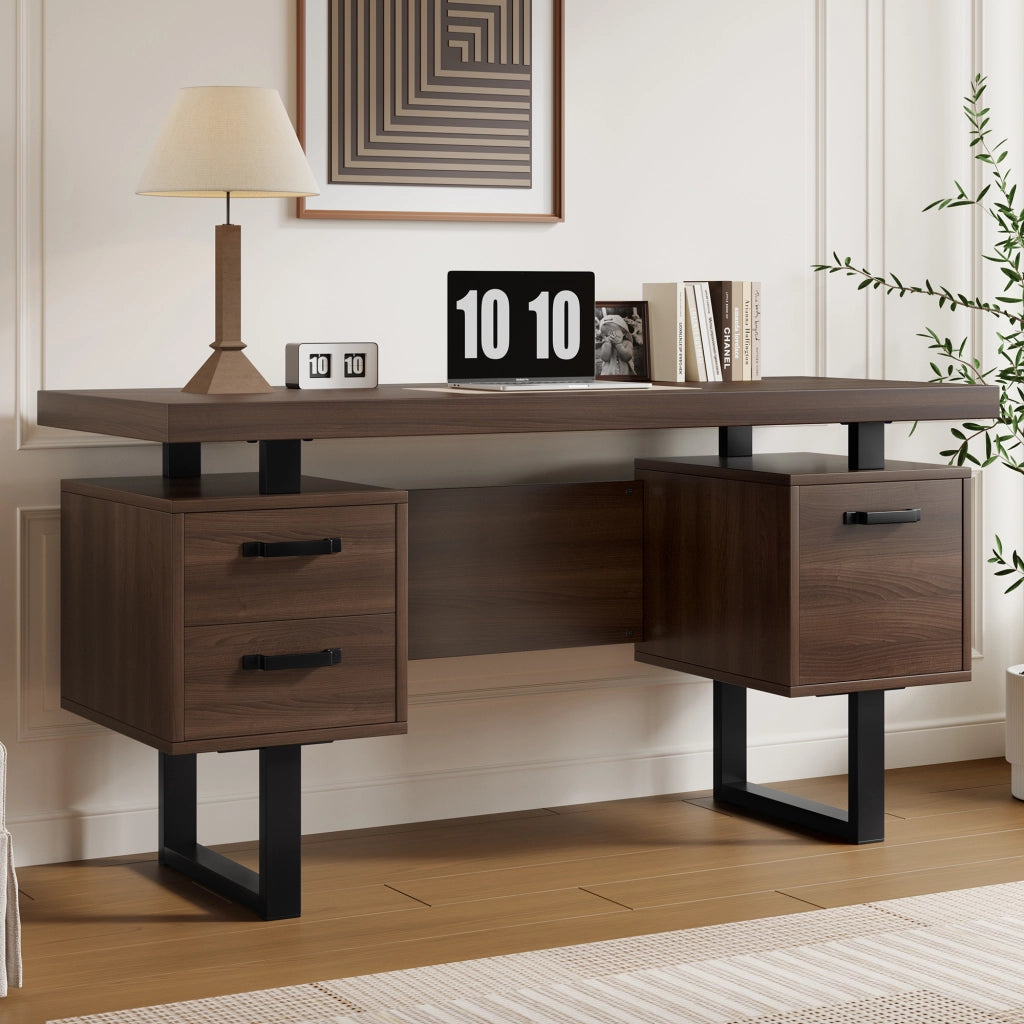 Scrivania lineare con 2 cassetti e vano portadocumenti; per ufficio; 135×54×76 cm; in MDF e metallo; marrone