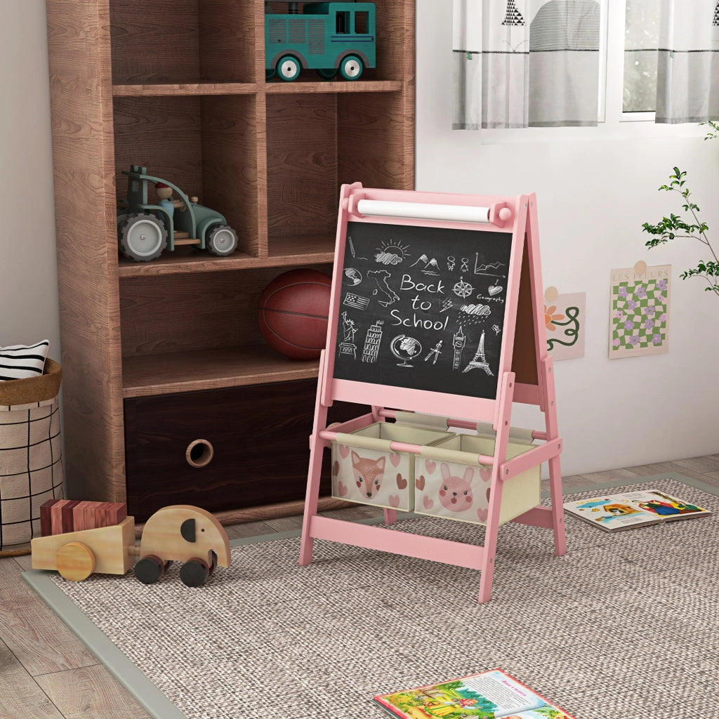 Lavagna cavalletto bambini doppia faccia con rotolo carta e 2 cestini ¨C Xylo ¨C Rosa 54x46,5x93cm