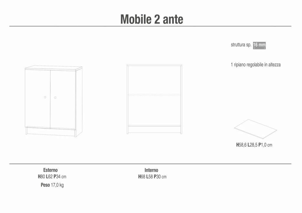 Armadietto mobile 2 ante 62x34x80H cm in kit di montaggio colore Bianco