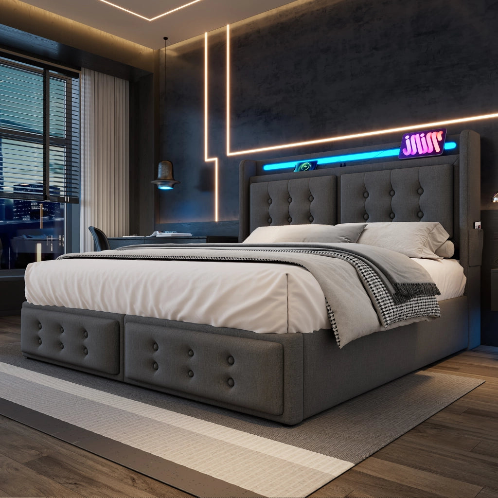 LETTO Contenitore 180x200 cm con LED e USB-C Tessuto Grigio
