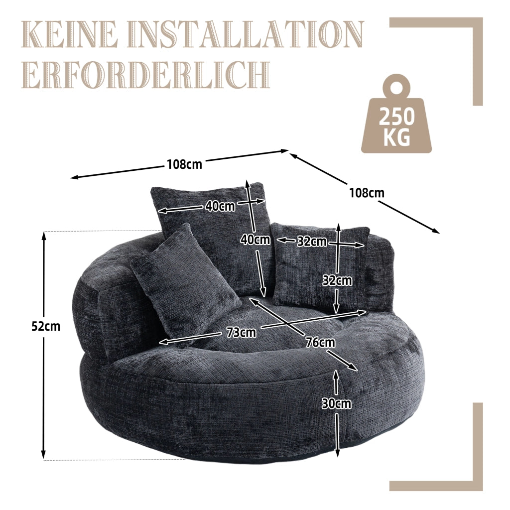 POLTRONA Relax 108x108x52 cm in Chenille Nera con Braccioli