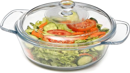 Piatto da brasatura rotondo da 1,7 litri con coperchio (NON resistente al forno), facile da afferrare piatto da brasatura in vetro con coperchio e maniglie con maniglie