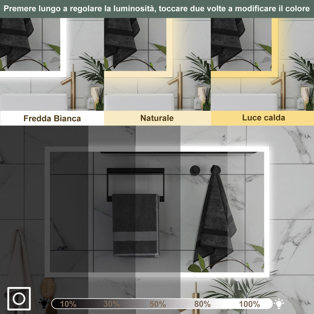 AICA Specchio da bagno  120 x 70 cm, dimmerabile, Funzione Memoria, antiappannamento, 3 colori