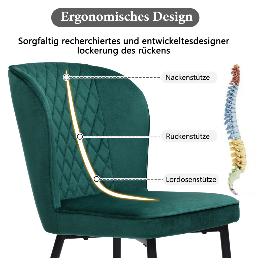 Sedia da pranzo (2 pezzi), verde scuro, sedia di design imbottita con schienale, seduta in velluto, struttura in metallo