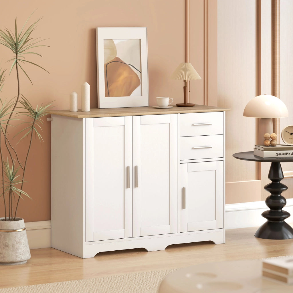 Credenza con 2 cassetti e 3 ante ¨C Xylo ¨C Bianco e legno naturale 100x40x78 cm
