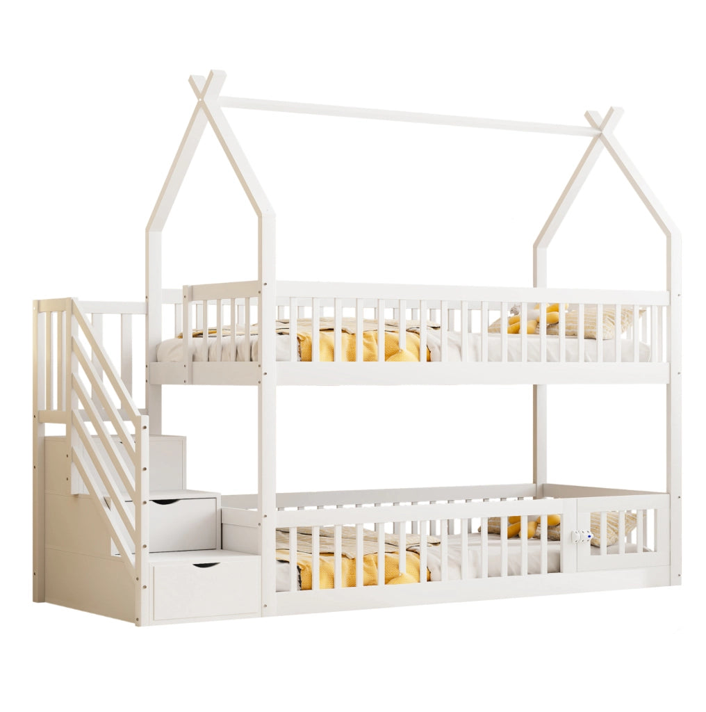 Letto a castello per bambini 90x200 cm con tetto, scala sicura e cassetti