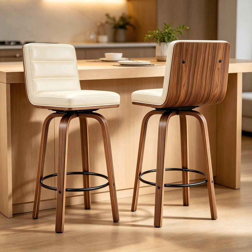 Sgabello da Bar Girevole con Schienale Ergonomico e Poggiapiedi Struttura in Metallo e Legno Crema