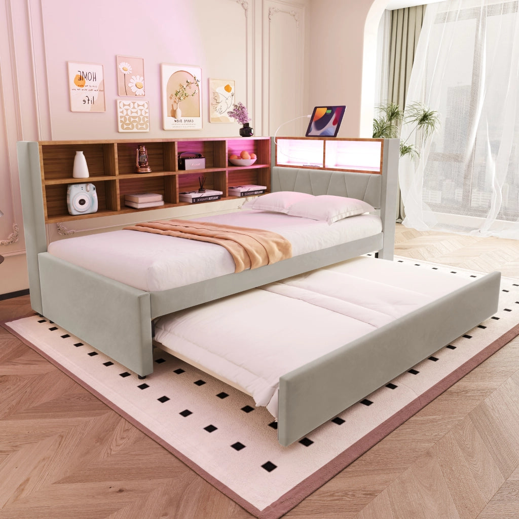 Divano letto 90x200 cm con letto estraibile 90x190; LED; USB e Type-C; vani contenitore; grigio chiaro