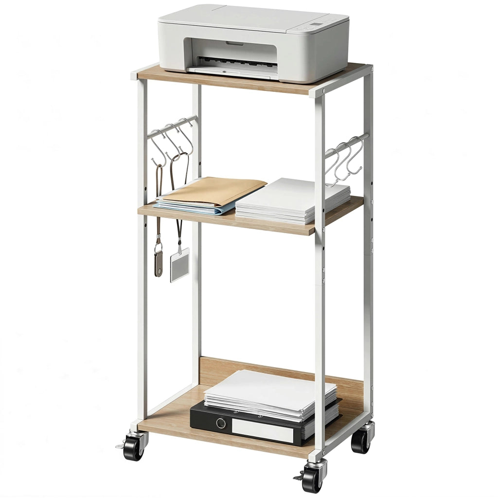 Cassettiera a 3 Livelli con Ruote e Ganchi ¨C Minimal ¨C Legno Naturale e Metallo