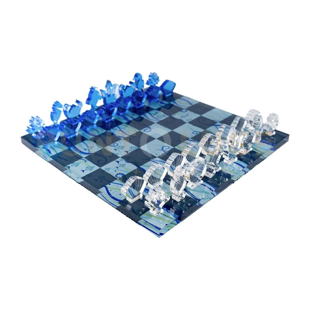 GIOCO DA TAVOLA SCACCHI E DAMA OCEAN IN CRISTALLO ACRILICO TRASPARENTE E BLU