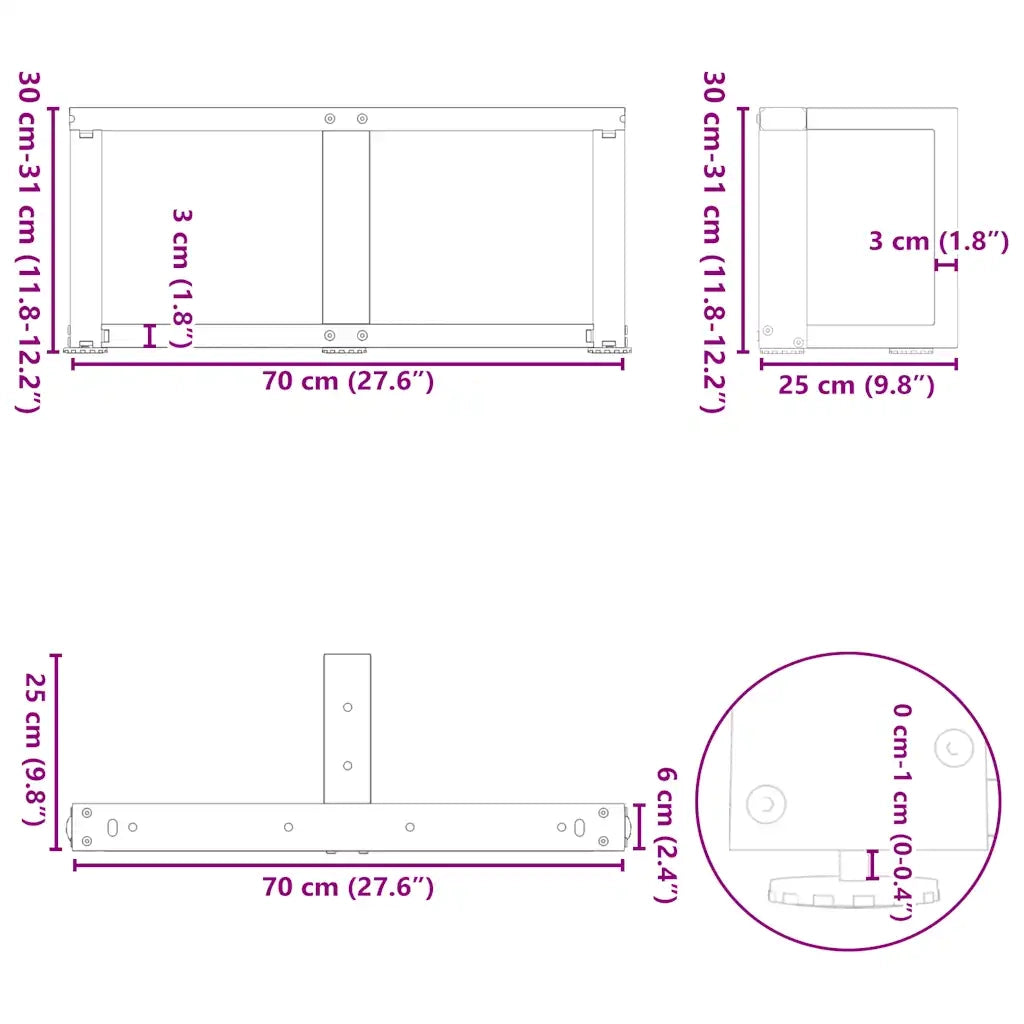 Gambe per Tavolino da Caffè a Forma di T 2 pz Nere 70x25x(30-31) cm Acciaio 4013019