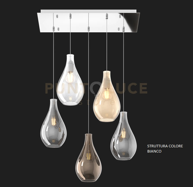 SOSP. BIANCO 5 LUCI RETTANGOLARE VETRI PICCOLI (1XAM+1XBR+1XTR+2XFU) 1193BI-S5 RP-MC