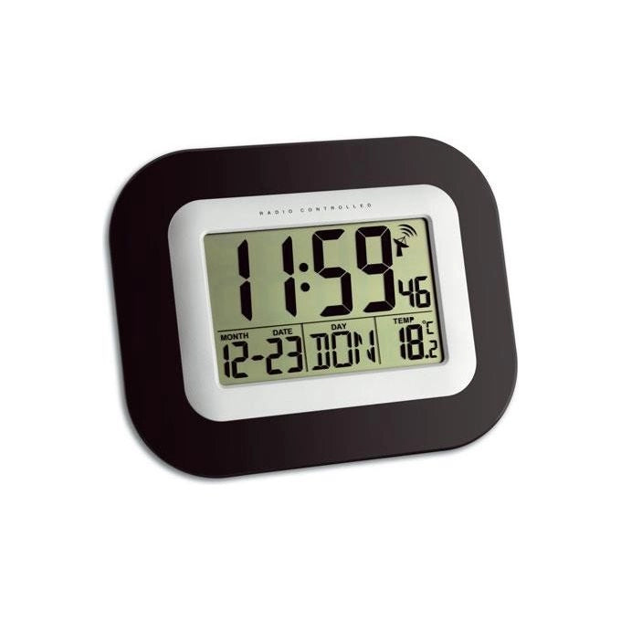 TFA 60.4503 Orologio Digitale Radiocontrollato con Sveglia Funzione Snooze Allarme Crescendo Termometro Interno e Visualizzazione Data Giorno della Settimana in 7 Lingue colore Nero