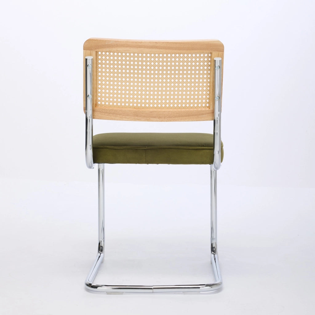 Sedia da pranzo a sbalzo con schienale in rattan, struttura in acciaio e velluto verde oliva, portata 300 lb