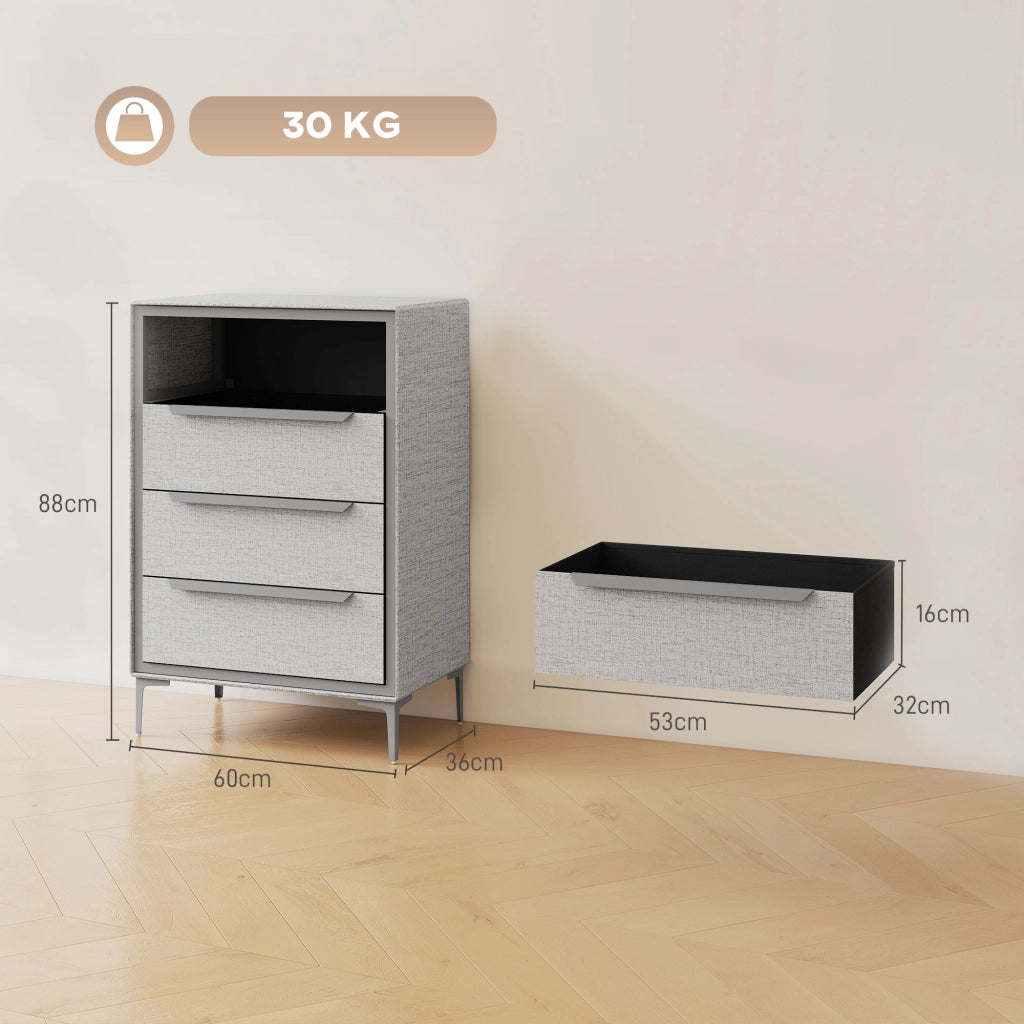 Cassettiera 4 Cassetti 60x36x88 cm con Rivestimento in Tessuto Effetto Lino in Acciaio Grigio