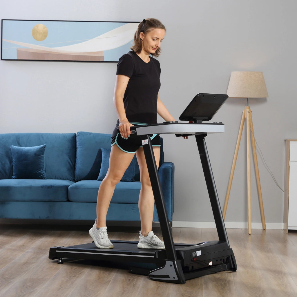 EasyComfort Tapis Roulant Elettrico Pieghevole 1-12km/h, Tapis Roulant Salvaspazio con 12 Programmi Preimpostati, Display LCD e Supporto per Tablet, per Camminata e Corsa, Compatto per Casa e Ufficio, Nero
