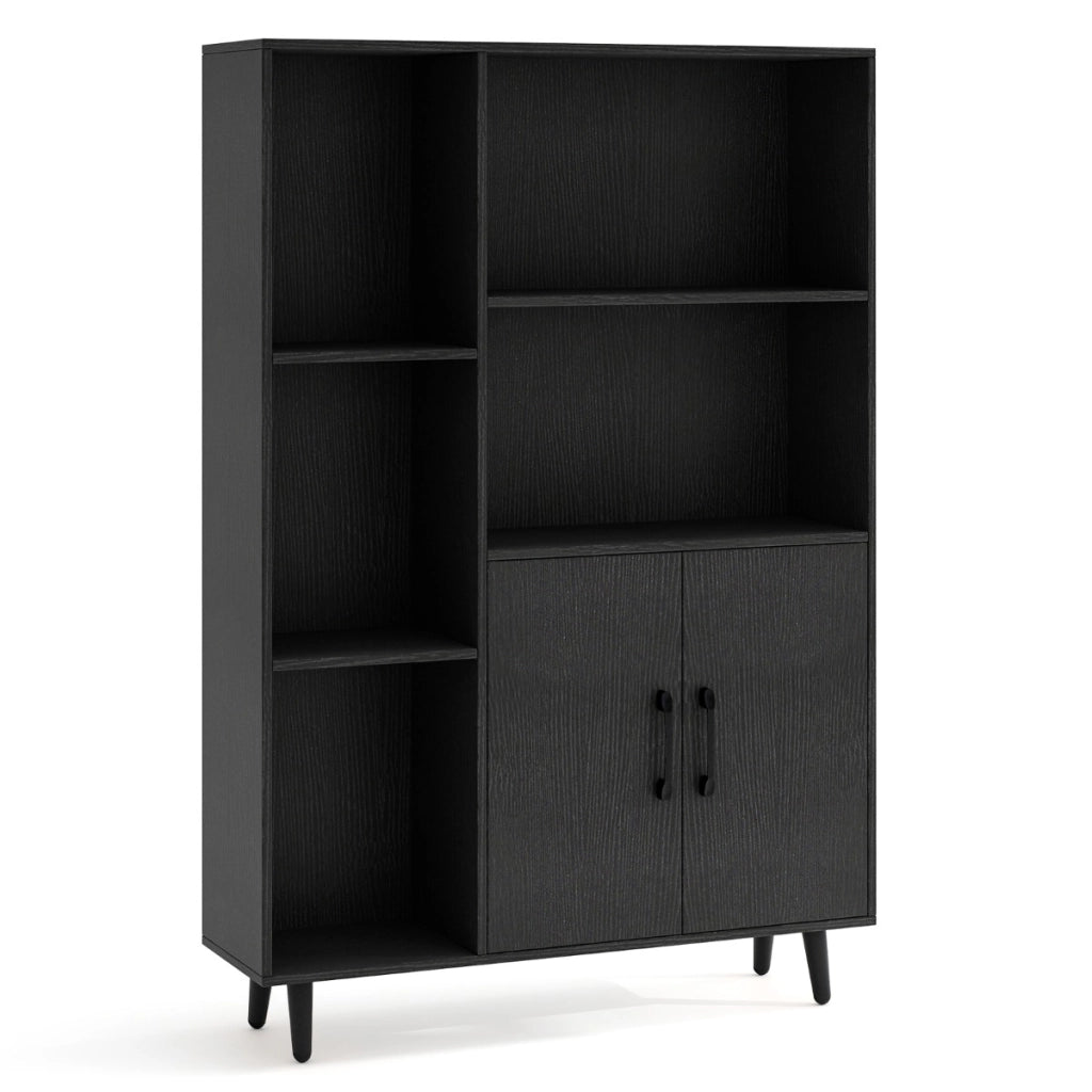 Libreria autoportante con 5 scomparti aperti e armadio, Mobile espositore moderno con piedi in metallo Nero-Librerie
