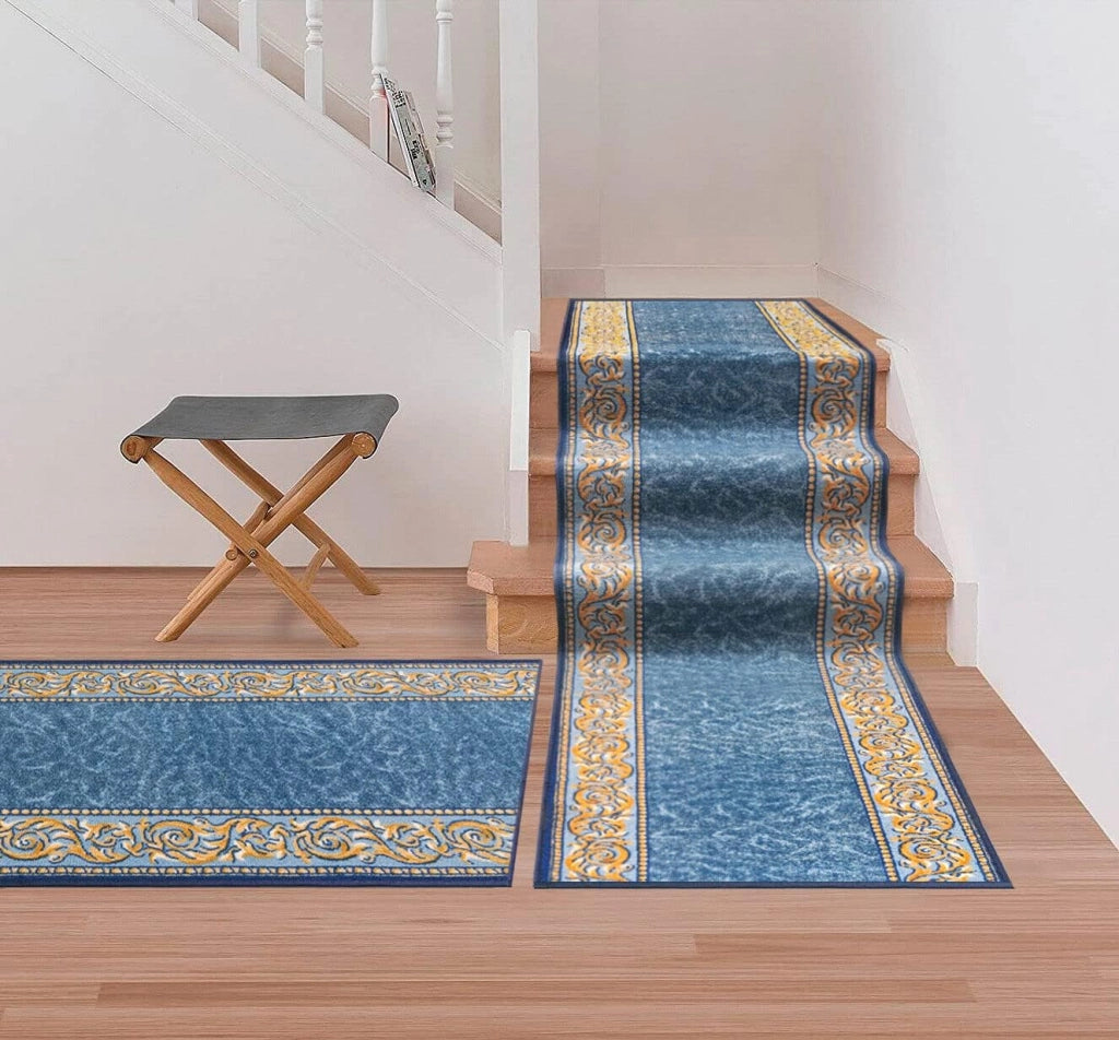 Passatoia Scala Bordata 67x600 cm Ingresso Corridoio Tappeto Cucina Gradini Stile Barocco Blu