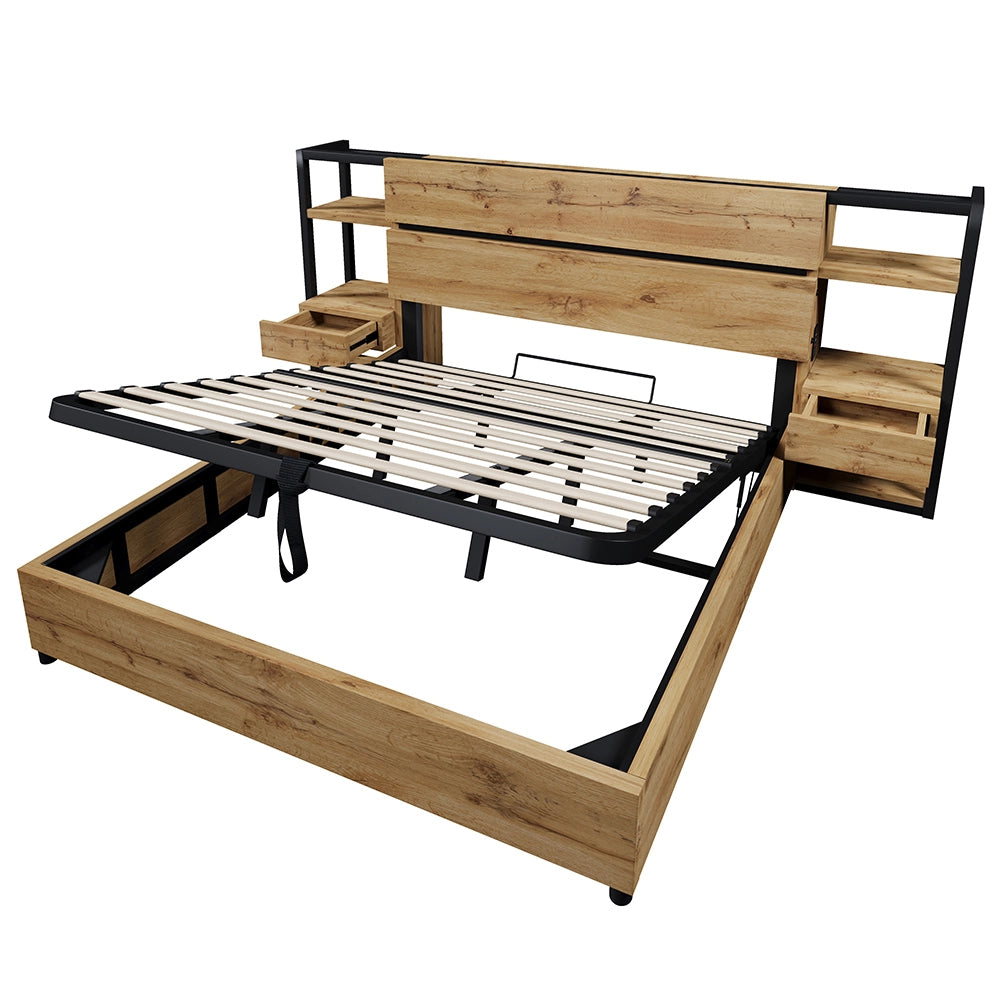 Letto matrimoniale-Xylo-180x200 cm-contenitore idraulico, USB/Type-C, testiera, quercia