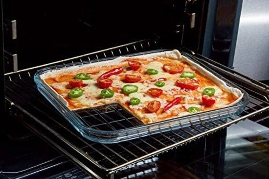Piatto da forno in vetro di borosilicato, 38 x 32 cm, resistente a temperature (-40°C a +450°C), ideale per grigliare, gratinare e cuocere