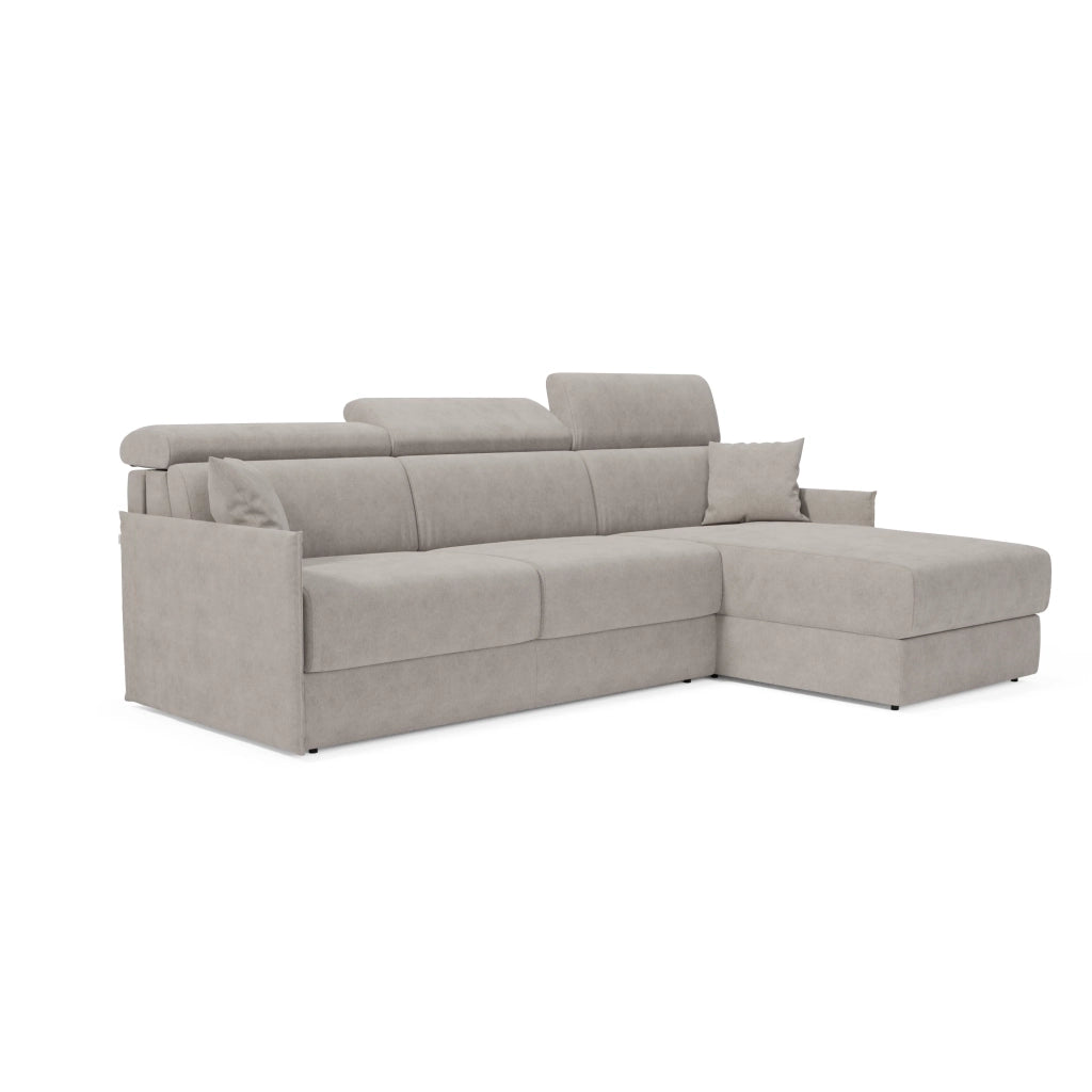 Miryam divano letto angolare compatto - poggiatesta reclinabili e penisola contenitore in tessuto smacchiabile T31 252 cm sinistro grigio perla