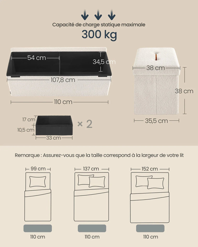 Pouf contenitore pieghevole/poggiapiedi 38 x 110 x 38 cm contenitore portata fino a 300 kg per soggiorno camera da letto corridoio bianco crema 12_0006093