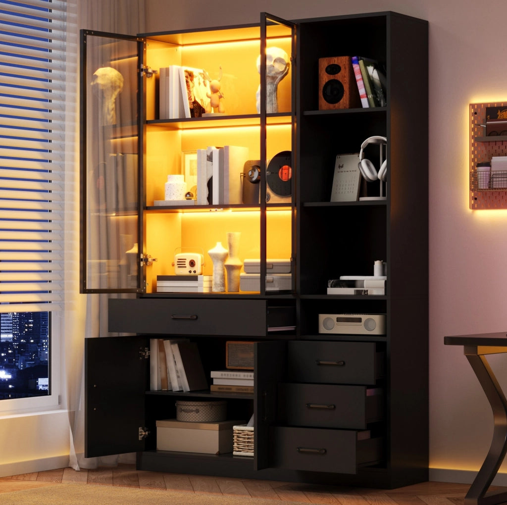 Mobile alto con vetrina in vetro e LED 120x35x200 cm; 4 cassetti; nero