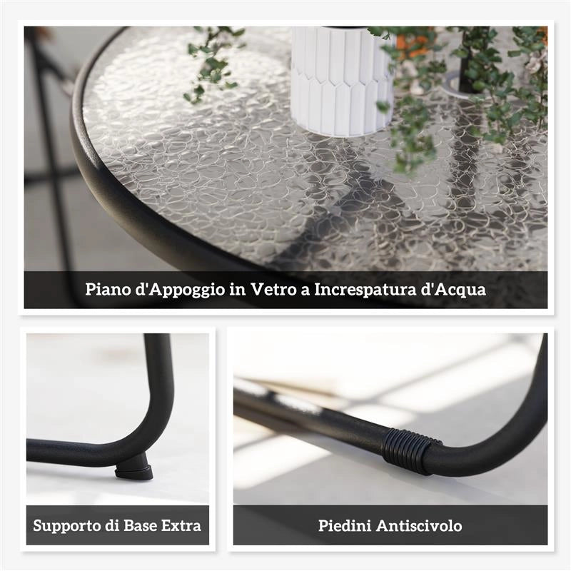 SET DA GIARDINO 6 PEZZI IN ACCIAIO CON 4 SEDIE PIEGHEVOLI OMBRELLONE E TAVOLO ROTONDO CREMA GRIGIO E NERO