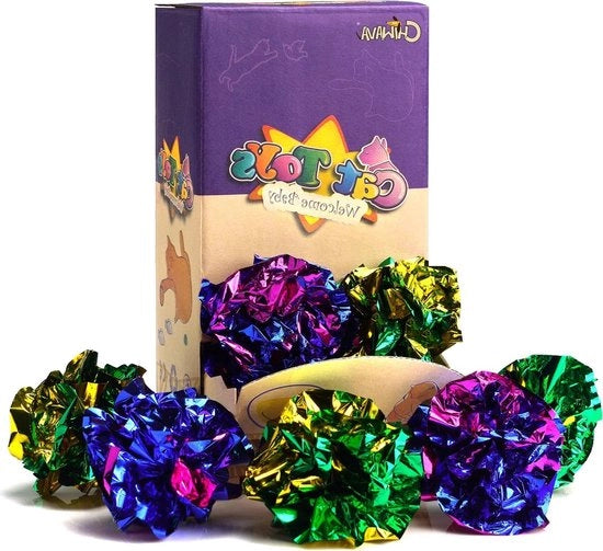 24 pezzi di palline da gioco in Mylar 1.6 pollici con riflessi, palline da gioco per gatti con effetto crinkle, luce e suono, leggere e in diverse colori