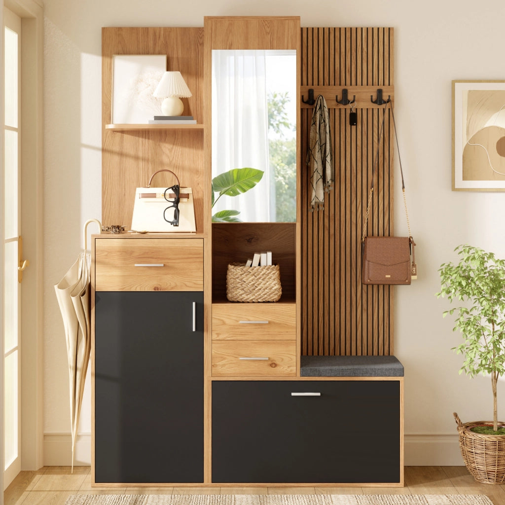 GUARDAROBA Ingresso con Specchio Panchina e Scarpiera LED 120x32x178 cm Nero Naturale