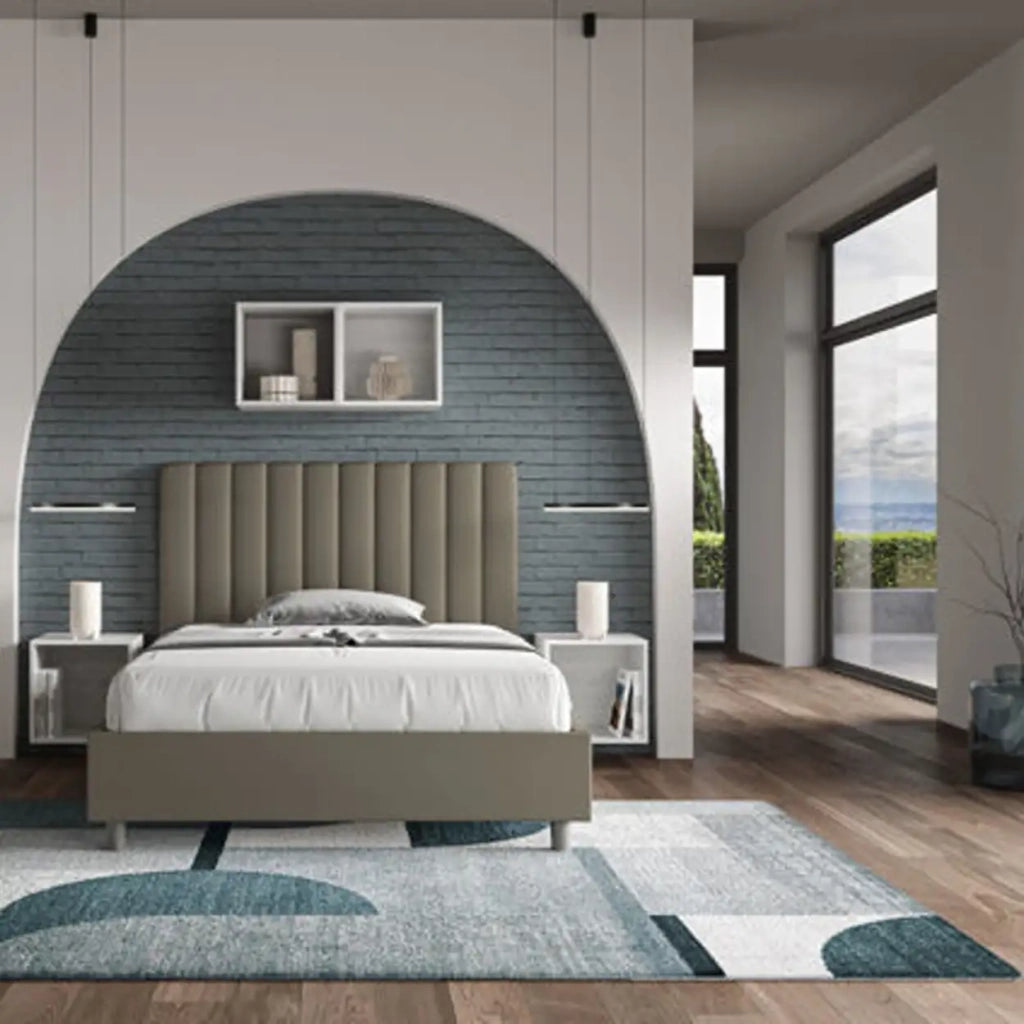 Letto matrimoniale francese con rete imbottito 140x190 similpelle cappuccino Agueda