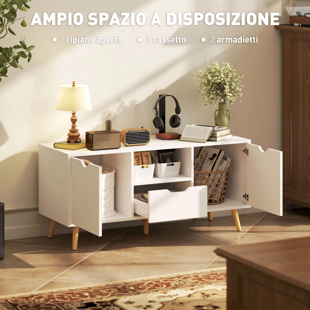 Mobile TV con Cassetto, Ripiani Aperti e Armadietti ¨C zephmum ¨C 110x40x50 cm, Bianco e Legno