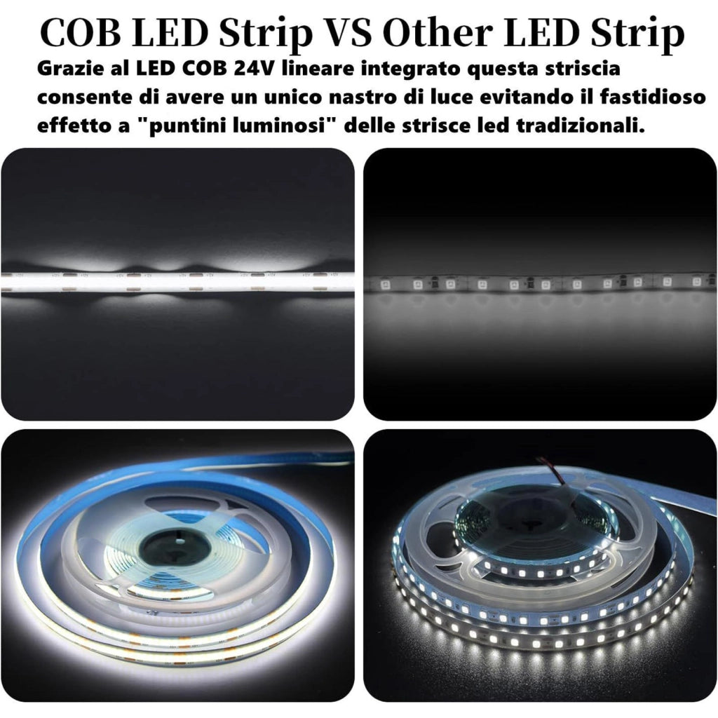 Striscia 1600 LED COB lineare 50W bobina strip flessibile adesiva 24V 5100lm nastro luce continua colorata decorativa interni IP20 BLU