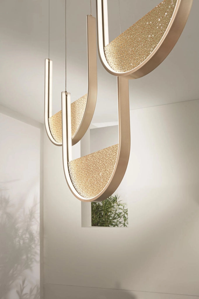 SOSPENSIONE LOTUS 3 ORO CON VETRO AMBRA L.40+40+36CM LED 3000K 4200LM 70W DIMMERABILE
