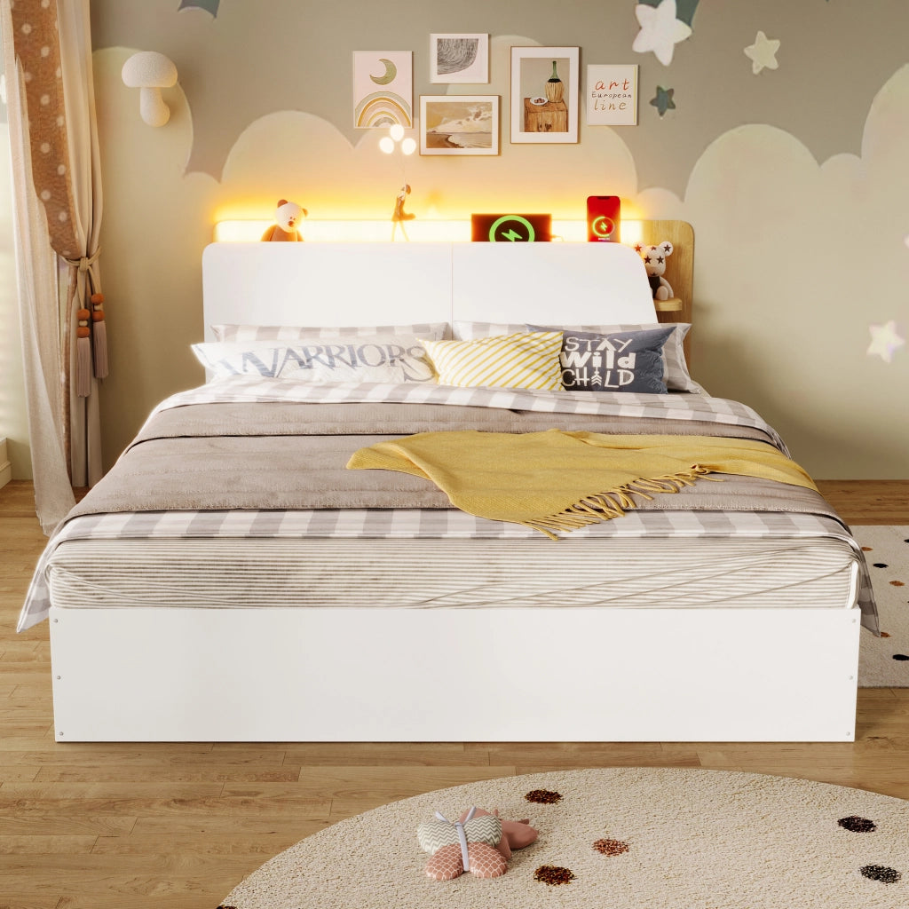 Letto contenitore 140×200 cm; letto matrimoniale con sollevamento idraulico; USB Type-C e LED; senza materasso; in pino; bianco e naturale