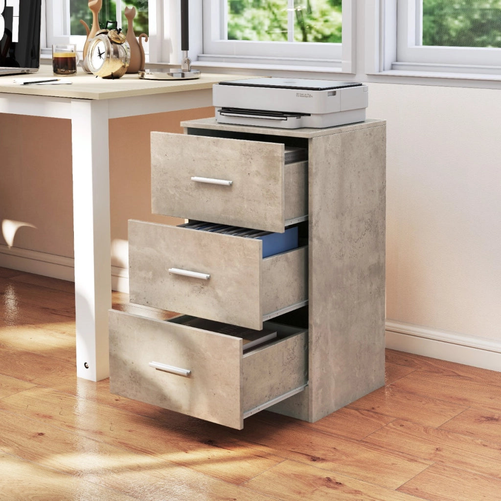 Com¨° in legno a 3 cassetti comodino con 3 cassetti e dispositivo antiribaltamento, Maniglie in metallo organizzatore per camera da letto Grigio