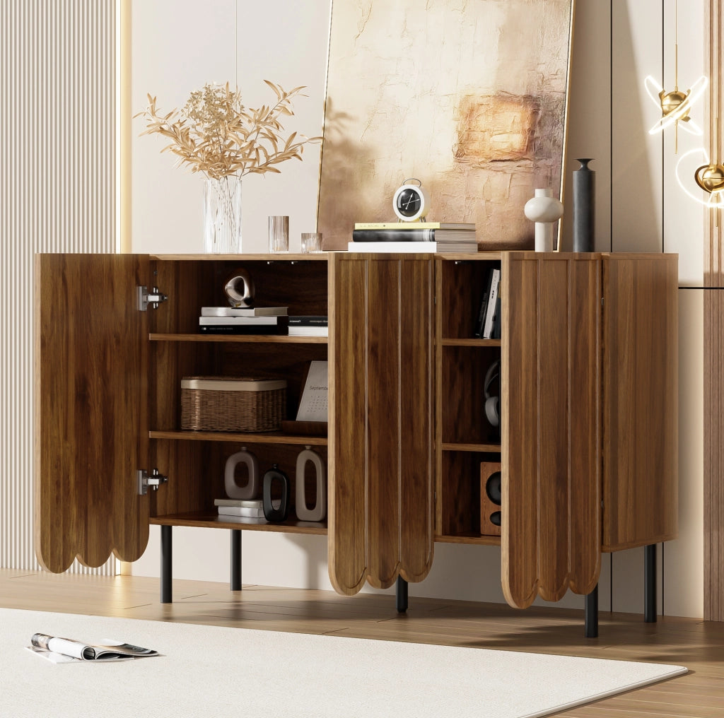 Sideboard moderno 120x35x80 cm in MDF effetto noce; ante ondulate e ripiani regolabili