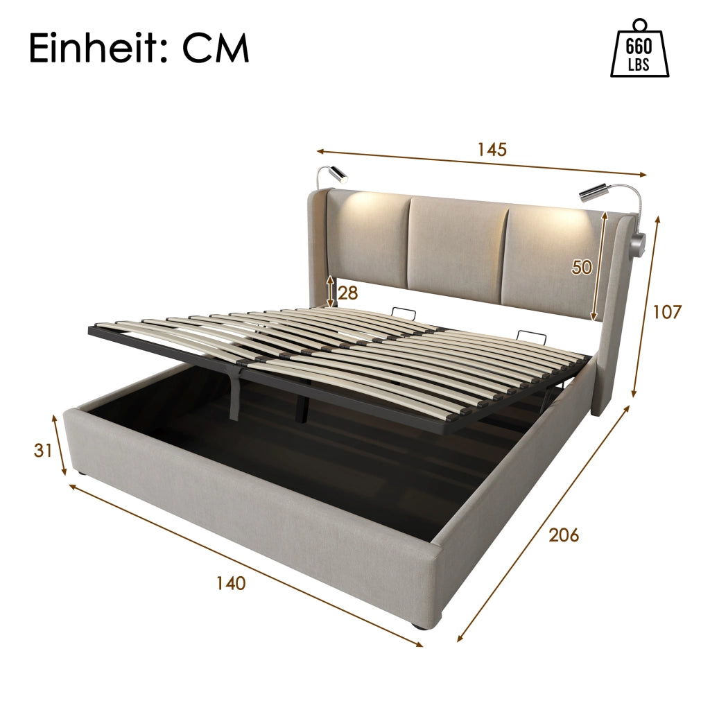 letto imbottito lino beige 140 x 200 cm