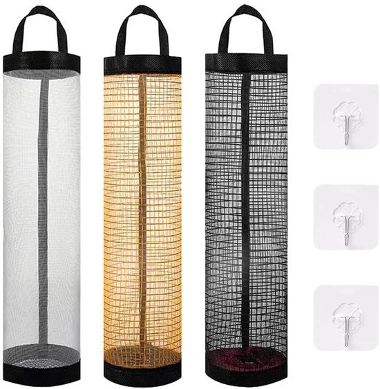 Set di supporti per sacchetti in plastica - 3 pezzi - Spine con adesivo - Sacchetto per rifiuti pieghevole - Materiale: poliestere - Dimensioni: 37,5 x 11,5 x 9 cm