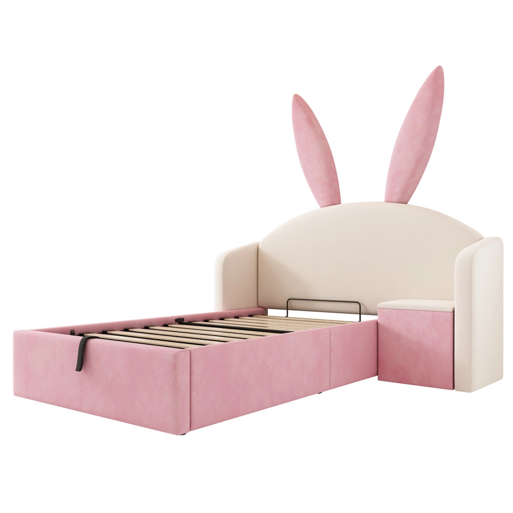 Letto Contenitore per Bambini 90 x 200 cm con Comodino e Orecchie - Beige e Rosa