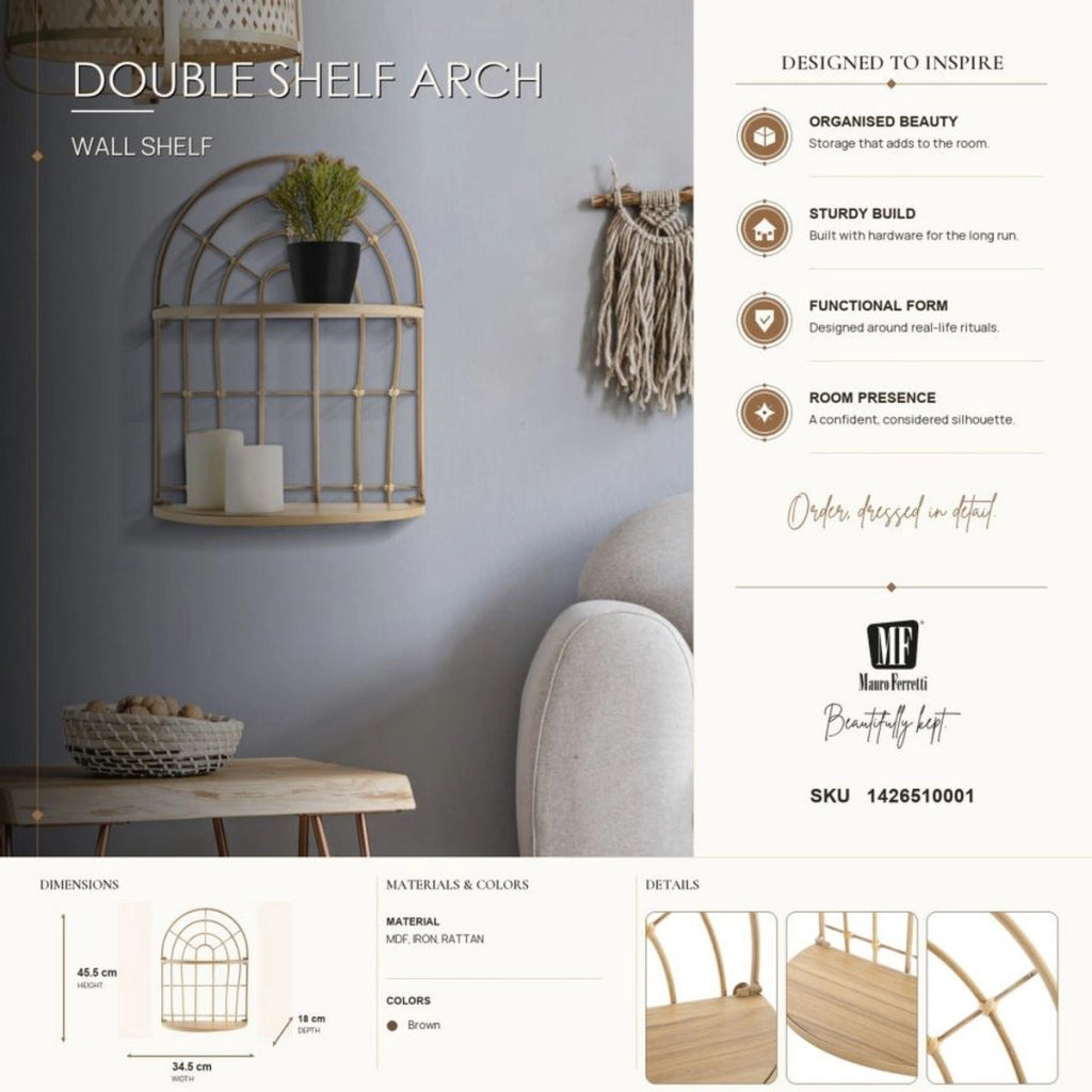 Mensola doppia Arch in ferro e rattan — 34,5x18x45,5 cm