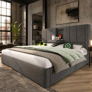 Letto imbottito 160x200 cm con contenitore, presa di ricarica e portabicchieri