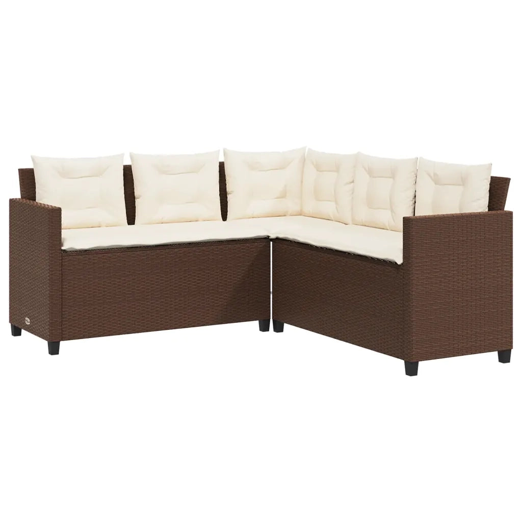 Divano da Giardino con Tavolo e Cuscini a L Marrone Polyrattan 369040
