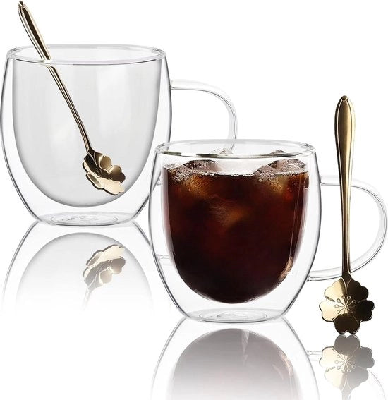 Set di tazze da caffè in vetro doppio strato con 2 cucchiai, insieme di 2 tazze da caffè in vetro isolato con manico, tazze da caffè trasparenti per cappuccino, espresso, latte, tè, tazze in vetro resistenti al calore