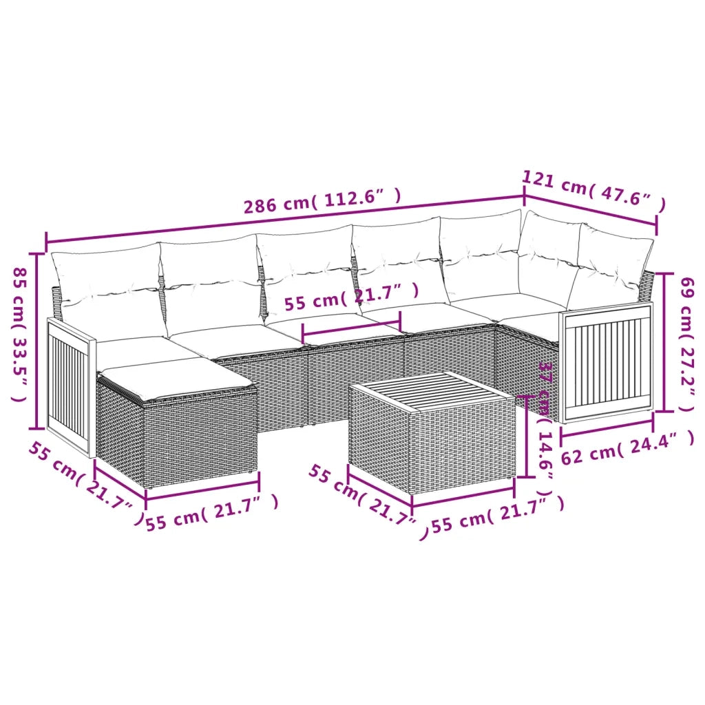 Set Divano da Giardino 8 pz con Cuscini Beige in Polyrattan
